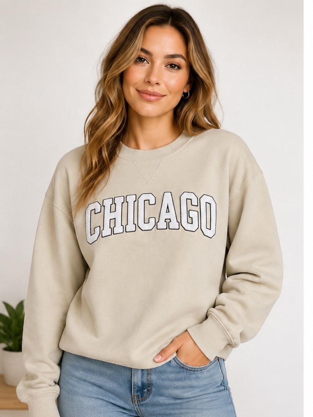 New York Popular Chicago Graphic Sweatshirt Cream XL Collegiate Clean Girl